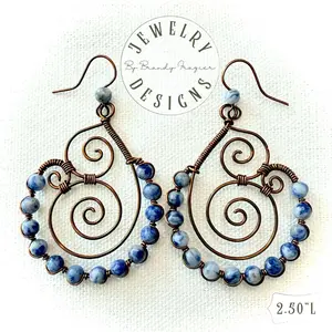 Jewelry Designs by Brandy Frazier Swirly Antiqued Bronze Earrings with Blue Beads 2.50"L