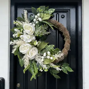 Neutral Floral Wreath with Berries and Greenery, Rustic Farmhouse Branch Wreath, Artificial Flower Wreath, All-Season Decor, Ideal for Front Door, Weddings, Home Walls