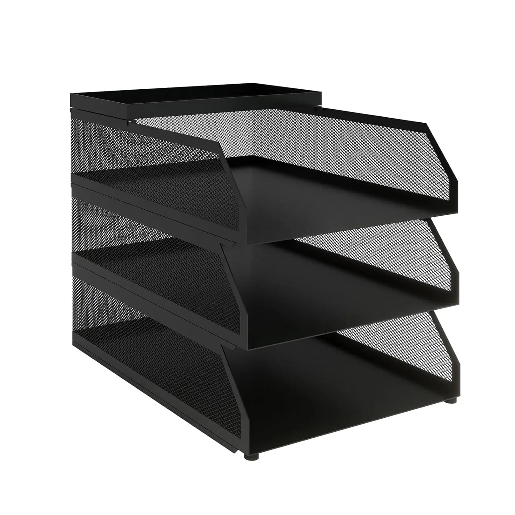 GAOMON Mesh Openwork Stackable Desk Organizer - 3-Tier Black Metal Slanted Trays with Top Shelf, Letter & Folder Holder, Durable Expandable File Shelf for Office Desktop Paper & Supplies Storage