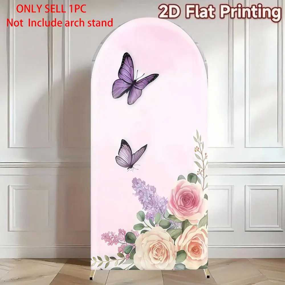 A Little Butterfly Is On The Way Arch Covers Stretchy Backdrop, Wedding Arched Backdrop, Purple Pink Floral Gold Glitter Design, Perfect for Girls Baby Shower Birthday Party Decor Photo Backdrop