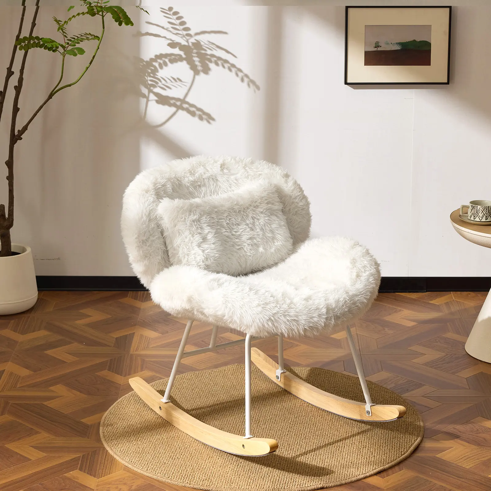 VINGLI 25.6" Extra Wide Nursery 115° Armless Rocking Chair, Curved Cute Cross-Legged Glider Chair with Pillow & Solid Wood, Nursing Chair for Bedroom, Living Room, Fluffy Fleece, White Cream