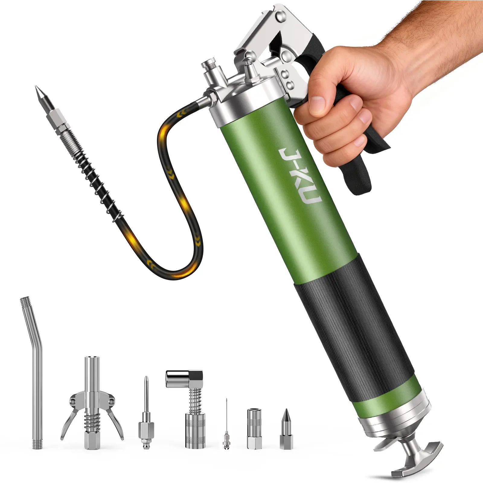 J-KU Heavy Duty 8000PSI Grease Gun Tool Kit - No Leak, Easy Prime, 14oz Cartridge Pistol Grip with Flexible Hose, 90° Adapter, Ball Joint Reach & 1-Hand Control for Auto, Tractor Maintenance, Father's Day Gift