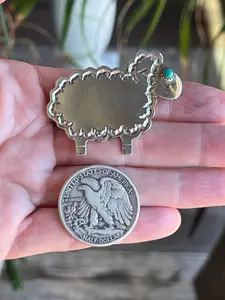 Hand Stamped Sterling Silver and Turquoise Sheep Brooch by Robby Manuelito