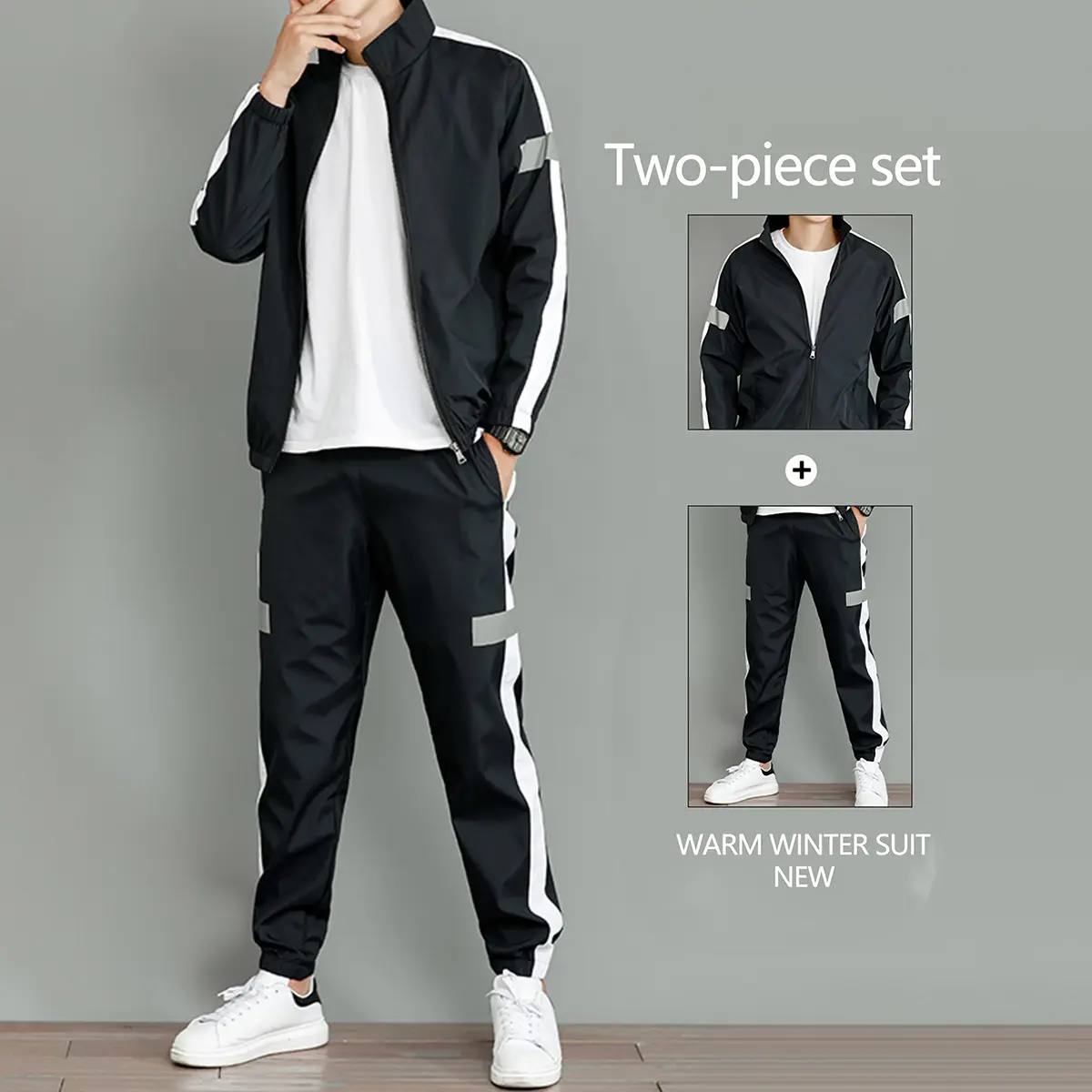 Men's 2-Piece Casual Athleisure Wear Set - Color-Block Stand Collar Activewear Shirt, Reflective Stripe Details, Breathable Windproof Quick-Dry Fabric, Ideal Male Basics Sports Clothes Gift for Sport Enthusiasts, Mensfashion, Colorblock, Polyester, Men's,