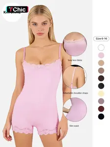 KatchMe Women's Basic Solid Color Spaghetti Strap Lace Trim Seamless Bodysuit Hot Lace Bodysuit