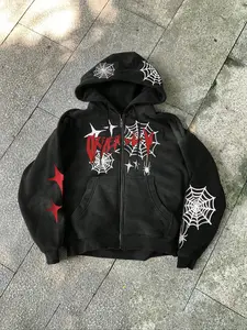 Dark Spider Web Stars Zip, Punk Rebel Style, Graphic Print, Fitted Long Sleeve, Casual Fall & Winter Clothing, Drawstring Zip Hoodie