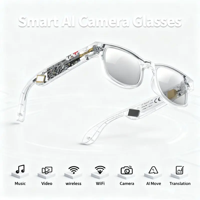 Multifunctional AI with Camera Smart Glasses - Unisex Adults' Wearable Device, 8MP Camera, HD Video Recording, Bluetooth 5.3 Audio, Real-Time Translation, Wireless Touch & Button Controls, Transparent Lens, Hiking & Travel Use, Christmas Gift, Multifuncti