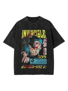 Vintage Washed Superhero Cartoon Print Man's T-Shirt, Neutral Loose Fit Street Style Short Sleeve, Dark Aesthetic Battle Damage Casual Top, Streetwear