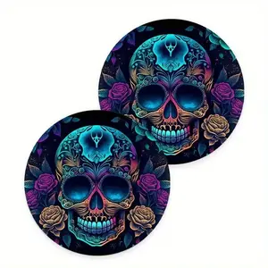 Creative Skull Pattern Car Coaster, Round Anti-slip Cup Holder Decorative Cup Mat, Car Cup Holder Coaster For Gift, Car Decoration, Halloween