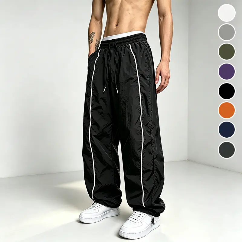 Athletic Loose Fit Running Track Pants for Men, Wrinkle Resistant Quick Dry Fabric, Dual Side White Accent Stripes, Adjustable Drawstring Hem, Elastic Waist Wide Leg Casual Sweatpants Alternative