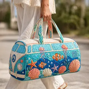 Women’s Quilted Beach Weekender Bag, Ocean Life Travel Duffel, Large Capacity Carry On Overnight Tote with Seashell Starfish Jellyfish and Fish Print for Vacation, Cruise, Road Trip, Gym