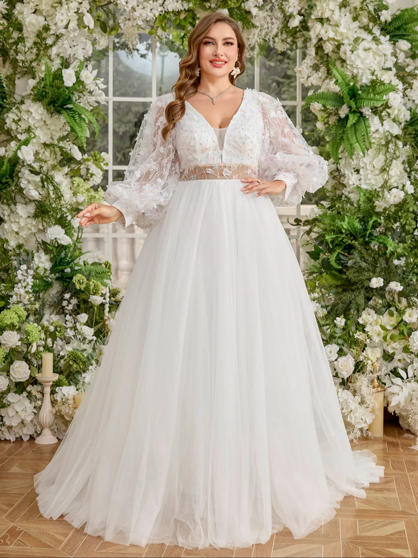 Elegant V-Neck Long Sleeve Embroidered Floral Tulle Mesh Dress, A-Line Fitted Wedding Gown, Stylish Chic Patchwork Design, Perfect for Special Occasions Embroidery