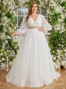 Elegant V-Neck Embroidered Floral Tulle Mesh Dress, A-Line Fitted Wedding Gown, Stylish Patchwork Design, Perfect for Special Occasions
