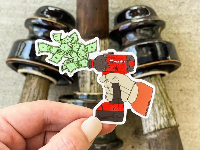 Money Gun Hard Hat Sticker | Lineman | Blue Collar | Great for hardhat, toolbox, cooler, bin doors, water bottle, and more