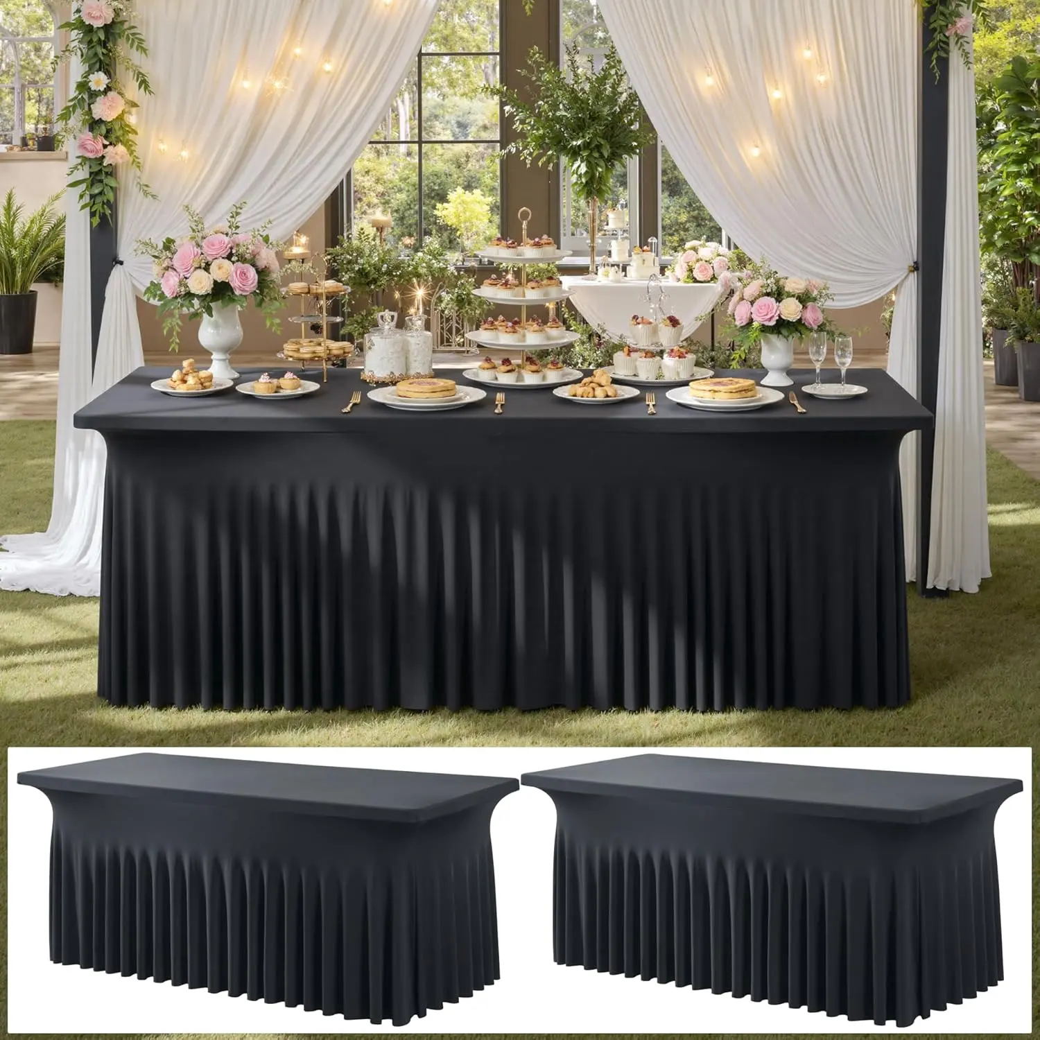 2-Pack White Spandex Fitted Skirted Table Covers for 6/8FT Rectangle Tables, Wrinkle-Free Household Textiles for Home Decor, Parties & Weddings
