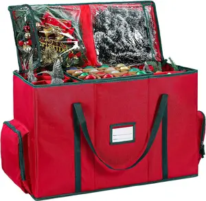 2-In-1 Christmas Decoration Ornament Organizer Box Movable Pallet Santas Bags Ornament Storage Containers, Holds 73 Holiday Ornaments, Adjustable Space For Figurines And Pockets For Decoration