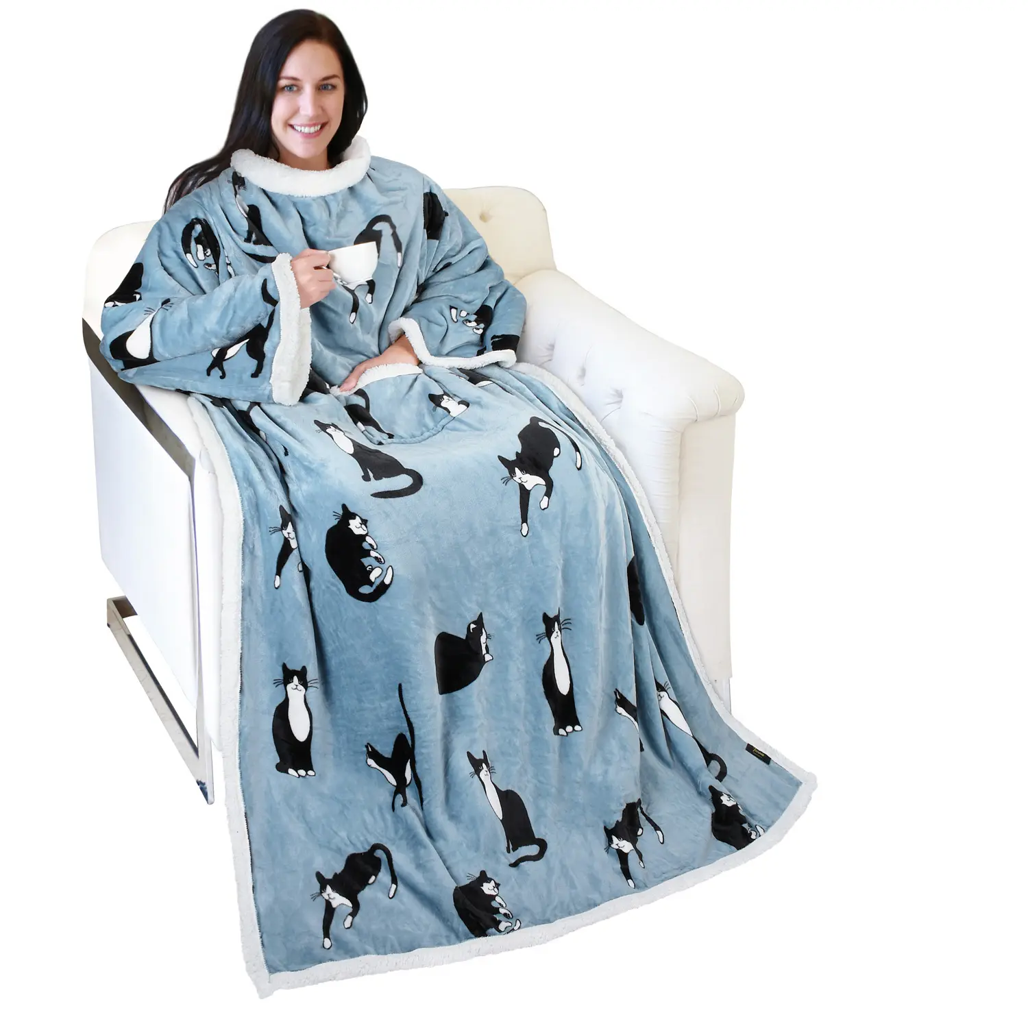Catalonia Sherpa Wearable Blanket with Sleeves Arms, Comfy Sleeved TV Wrap Blanket, Large Snuggle Throw for Women and Men, Gift for Her,Wonder Cat