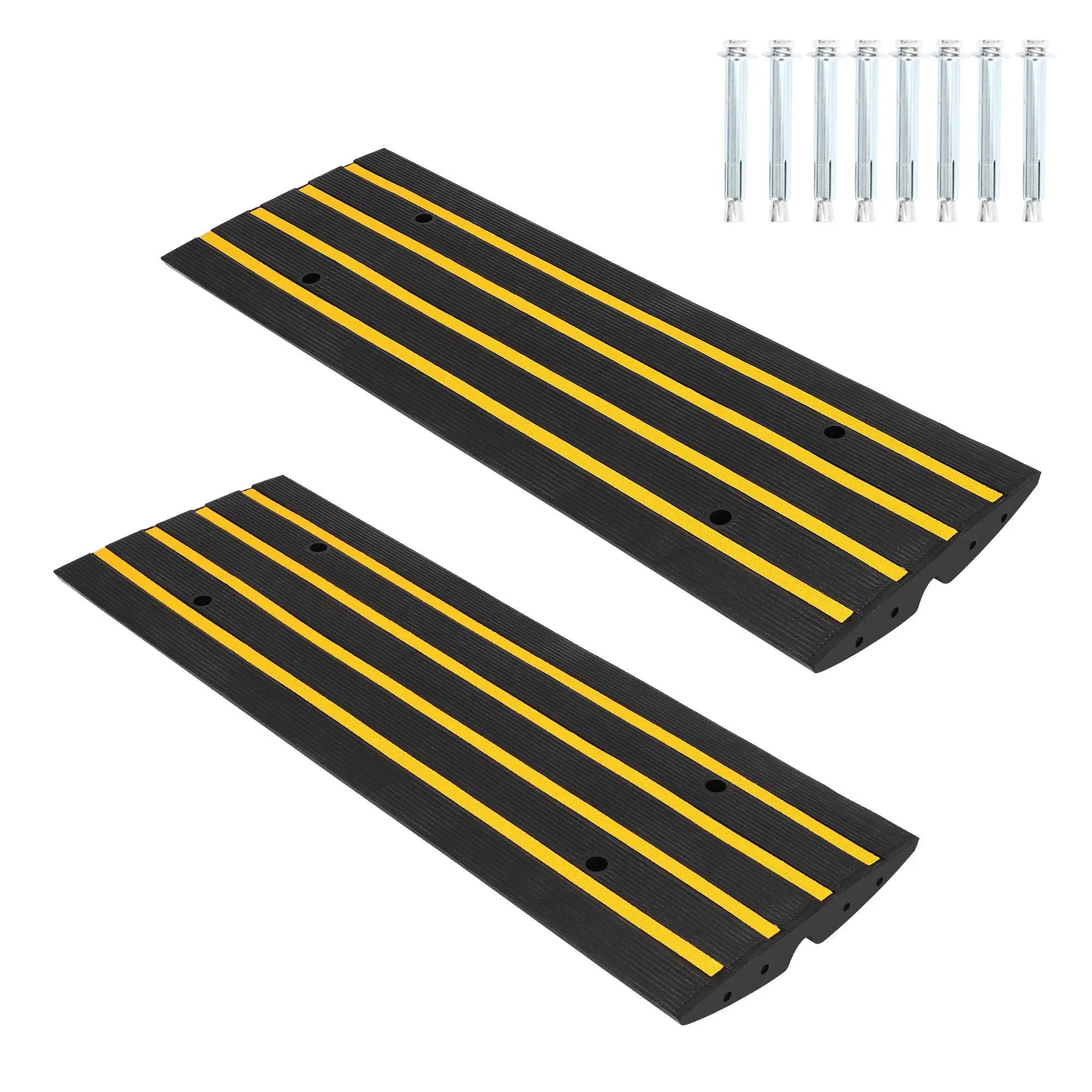 2 Pack Recycled Rubber Curb Ramps for Driveway, 2.4" h Heavy Duty Car Ramps with 1-Channel Cord Cover 110, 000 Lbs Load Capacity, for Garage, Sidewalk, Warehouse - 8 Expansion Bolts