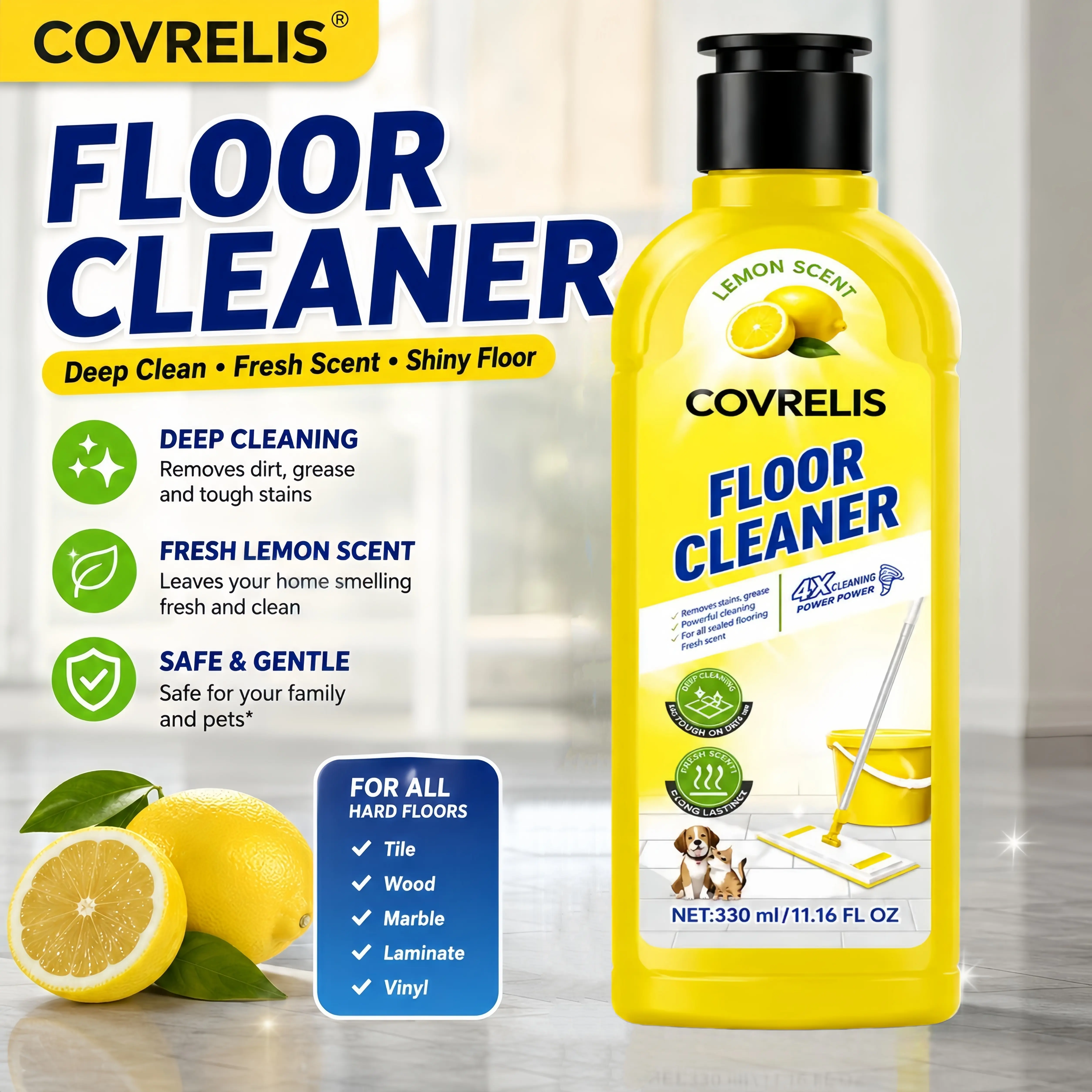 COVRELIS Lemon Floor Cleaner, Deep Clean Floor Cleaner, Magic Streak-Free Floor Cleaner | Fast-Drying Deep Cleaning Solution for Hardwood, Tile, Laminate, and Vinyl Floors, Pet-Friendly & Fresh Scent, floor cleaner for mopping、pet urine floor cleaner