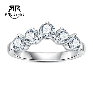 AnuJewel Moissanite Wedding Band Ring  V-shaped five-stone ring 4mm Round Cut D Color VVS1 S925 Ring Anniversary Promise Mother's Day Gift for Women Classic Ring Jewelry with Certificate
