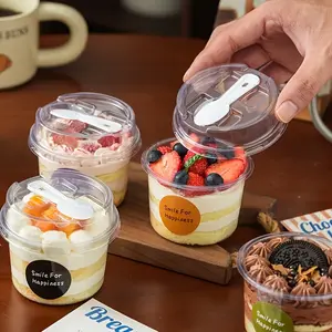20/50 Sets Round Transparent Plastic Lidded Spoon Packaging Box, Ideal for Cookies, Fruit Ice Cream, Mousse Cake, Yogurt Cups