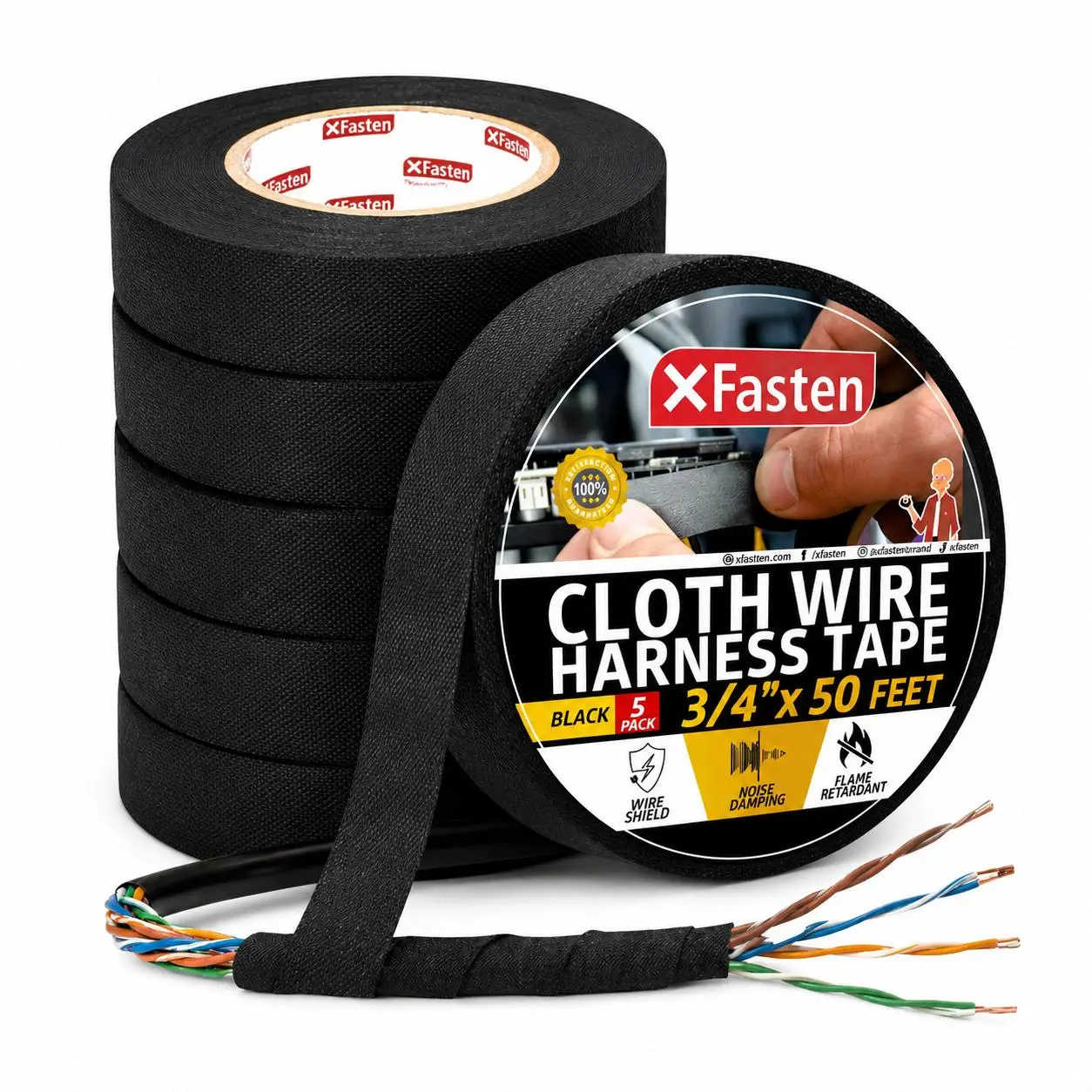 XFasten 5-Pack 3/4-in x 50-ft Wire Harness Tape, High-Temp Self-Adhesive Cloth Fabric Tape with Bi-Directional Weave for Car Owners, Cable Bundles Protection, Noise Dampening (Usable with Bare Hands)