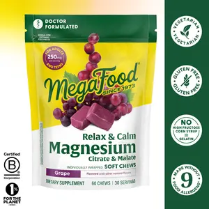 MegaFood Relax + Calm Magnesium Complex with Magnesium Citrate & Malate for Heart Health, Muscle Tension & More – Doctor Formulated - Vegetarian – Grape Flavor - 60 Soft Chews (30 Servings)