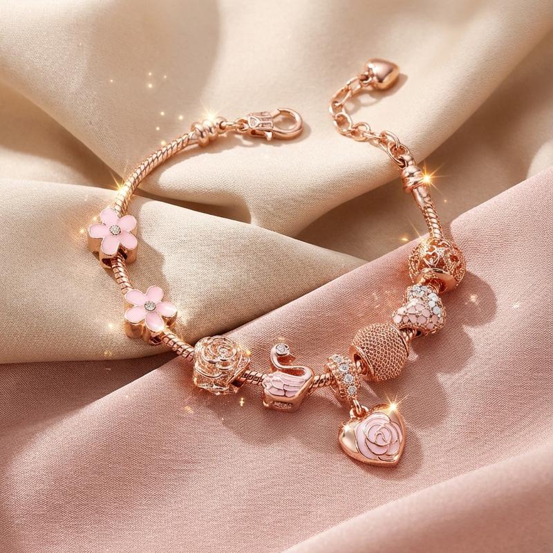 Women's Adjustable Link Charm Bracelet - Flower Design, Heart Bead Chain, Rose-Tone Shimmer Costume Jewelry for Daily, Party Wear, Anniversary Gift, Away from Water Care Note