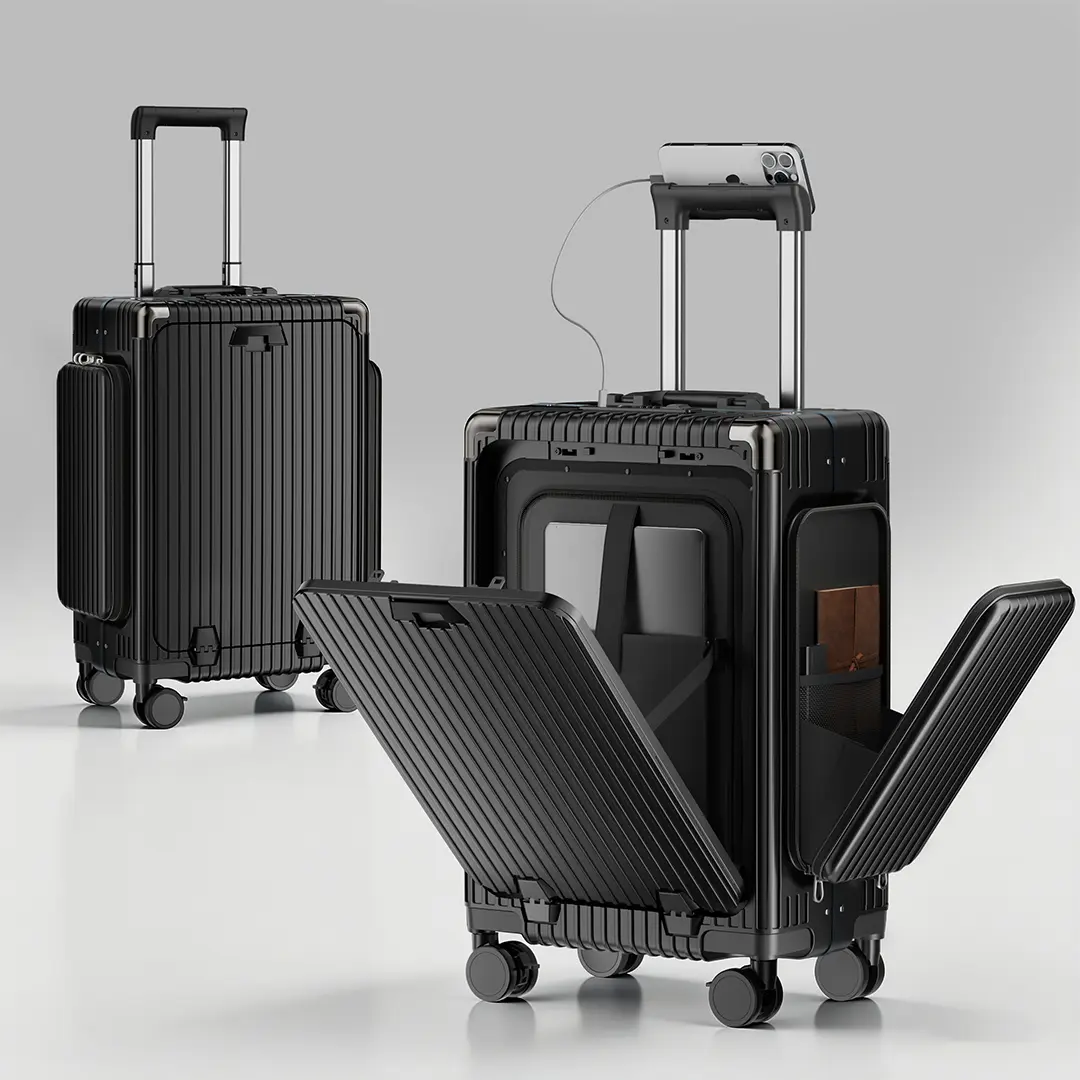 Front-Opening Check-in Luggage—Innovative Dual-Side Pocket Design, Large Capacity, 1:9 Lid-To-Body Ratio, 1-Handed Open/Close, USB Charging Port, TSA-Approved Lock, Silent 360° Spinner Wheels, Scratch-Resistant & Durable Polycarbonate Material.