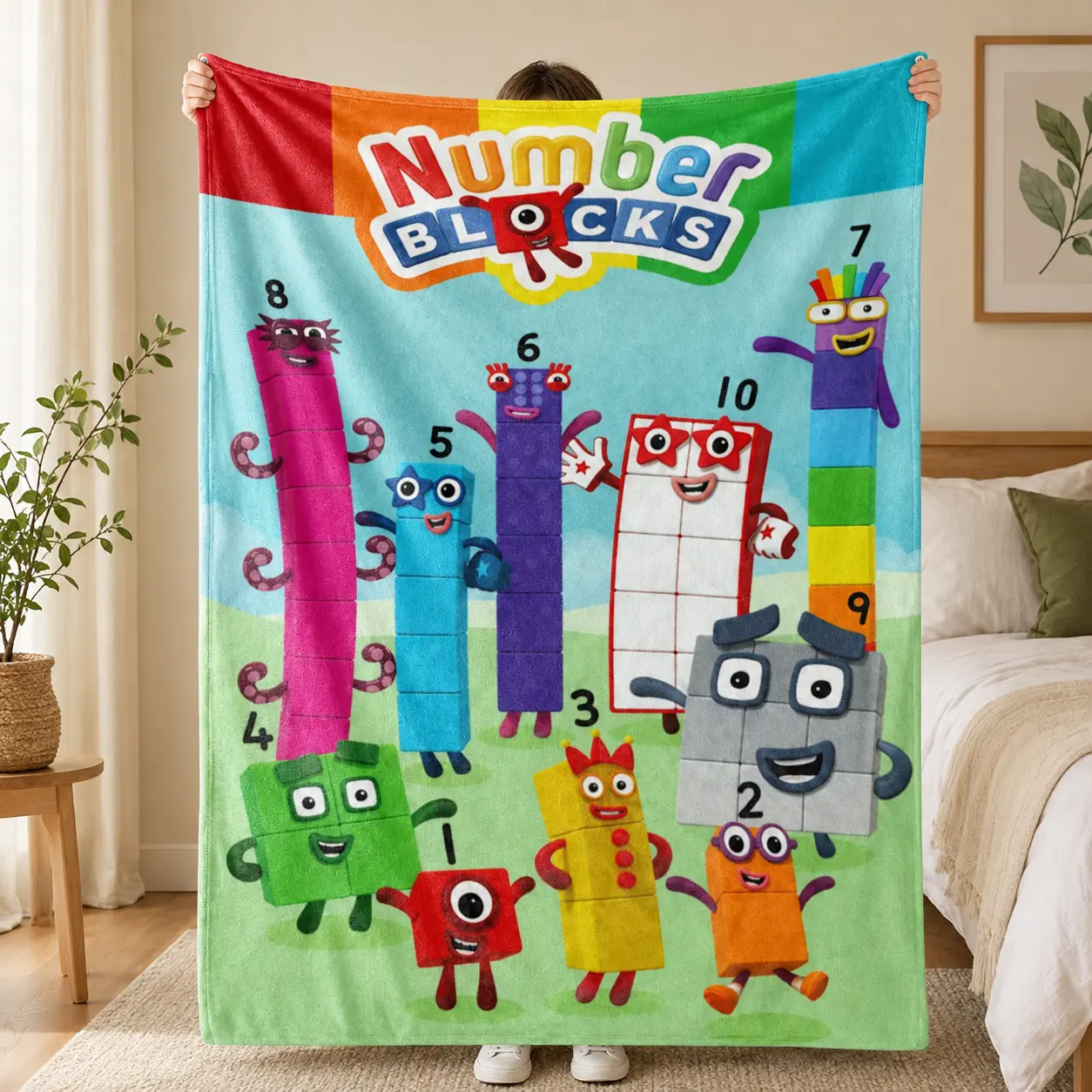 Colorful Cartoon Number Blocks Flannel Throw Blanket - Soft, Cozy, and Playful Design with Numbered Characters, Perfect for Home Decor and Casual Use, Allseason Comfort | Vibrant Throw