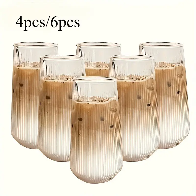 4/6Pcs, Ribbed drinking glasses, Glass Beverage Cups, high borosilicate glass household cups, vertical striped milk cups, Clear glass cup, large capacity single-layer cups, family gatherings, birthday presents Kitchen Drinkware Cups