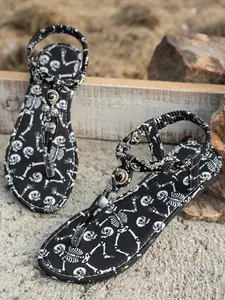 2026 New Skull Skeleton Flip Flops, Dark Snake Pattern Outdoor Flat Sandals, High-End Versatile Slippers, PU Leather Sole, Less Than Ankle Height