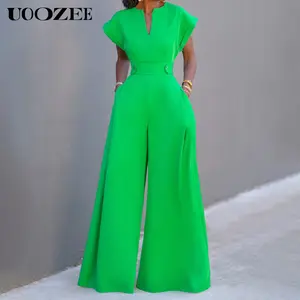UOOZEE Women's Green Cap Sleeve Wide Leg Jumpsuit - Fitted Polyester Overall with V-Neckline - Chic & Elegant Style (the size is one size smaller,it is recommended to order a size larger) Elegant Shortsleeve, Minimalist, Elegance