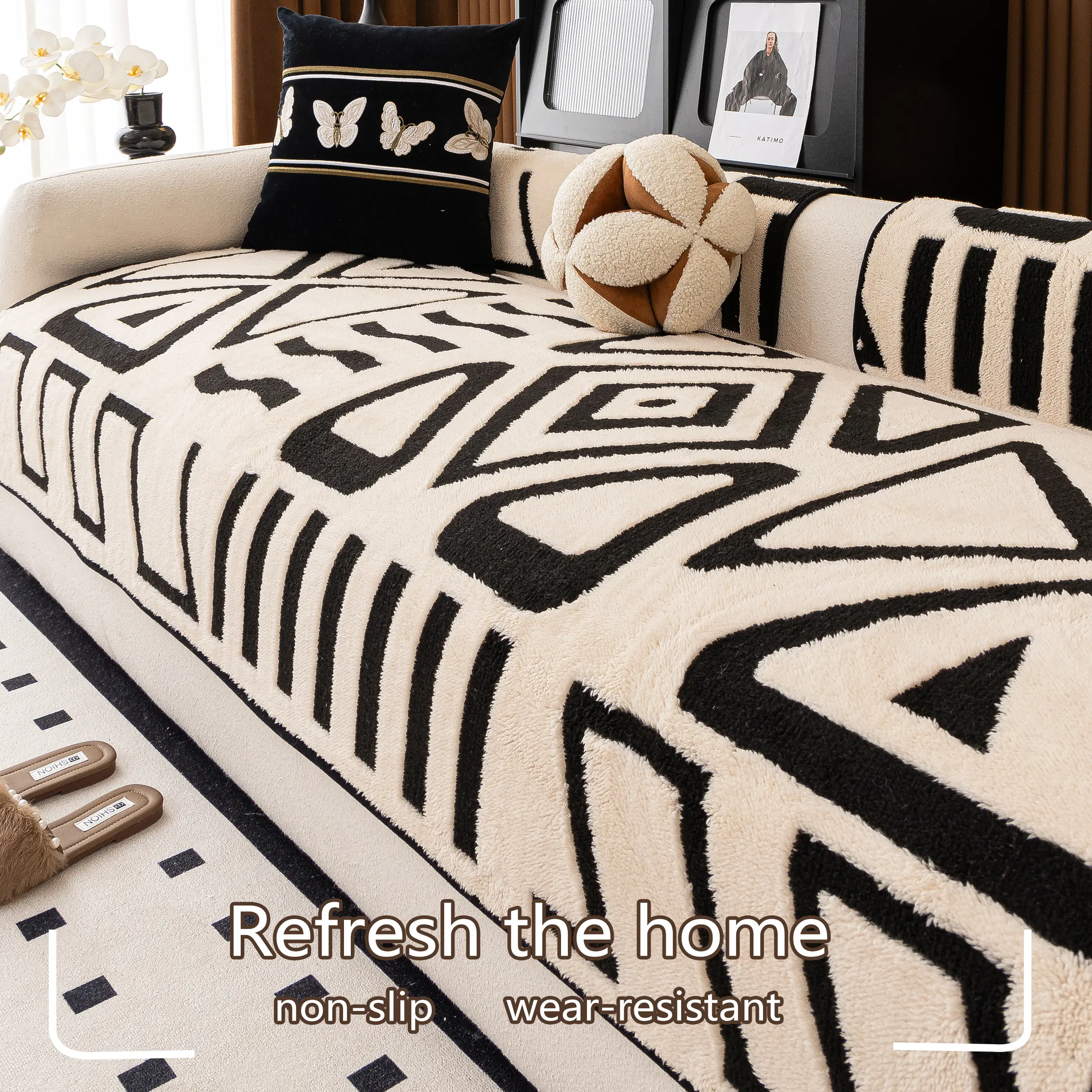 Bohemian Geometric Quilted Sofa Cushion, Soft Plush Protection, Elegant /cream, Suitable for 1/2/3/4 Seat L-Shaped Sofas, Sofa Cushion Cover