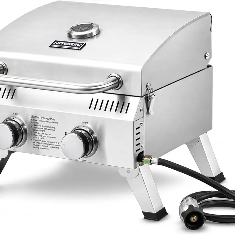 ROVSUN 20000 BTU Stainless Steel Propane Gas Grill with Ignition, 2/3 Burner Portable Tabletop Grill with Folding Legs & Lockable Lid for Outdoor Patio Garden BBQ Picnic RV Tailgating Camping Cooking