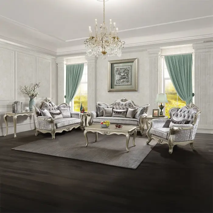 Acme LV03820-21 2 pc Libertee Champagne Silver Finish Ornate Wood Beige Fabric Traditional Sofa & Love Seat Set with Tufted Back, Assembly Required, Living Room Set, Classic