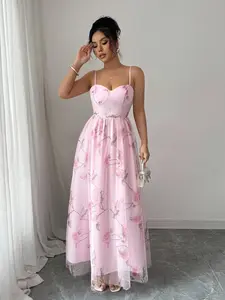 Floral Midi Dress, Womenswear, Elegant Fitted Design, Bustier Style with Waist Cinch, Flowy Mesh Skirt, Perfect for Dates and Vacations, Formal