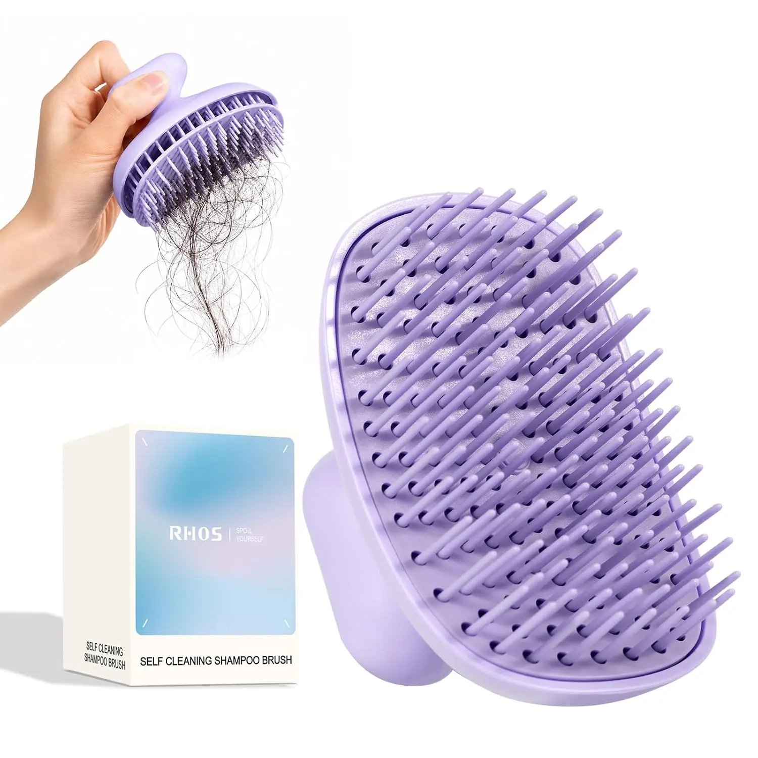 RHOS Self-Cleaning Scalp Scrubber - 1-Press Shampoo Brush & Scalp Massager for Long, Thick Hair, Dandruff-Prone & Oily Scalps,  period hair tool sohochic