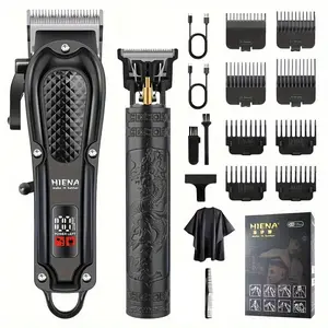 Two HIENA professional men's hair clippers, wireless USB rechargeable lithium battery, ABS body, digital display, engraved design, 1200mAh battery, Barber Hair Clippers, Cordless Clippers, ideal gift for father