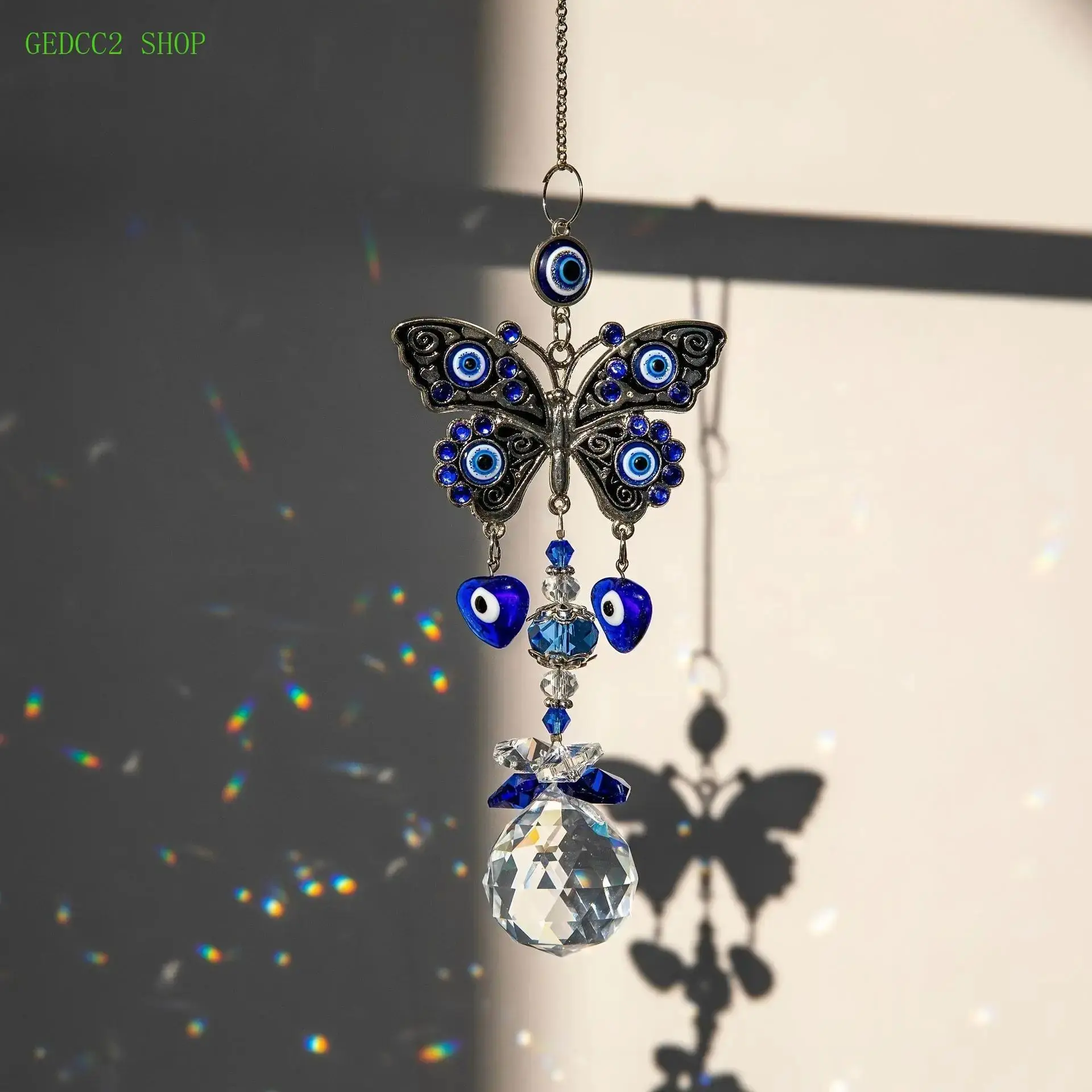 Decorative Sun Catcher, Hanging Crystal Prism with Evil Eye, Rainbow Maker for Window, Office, and Outdoors, Glass