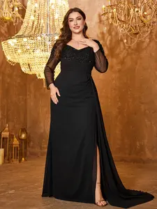 Diamond Collar Rhinestone Embroidery Mesh Patchwork Long Sleeve Gathered Ultra-Long Flounce Formal Evening Party Dress Gown