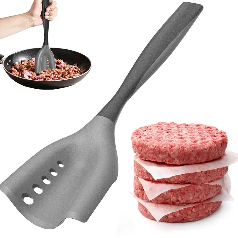 3-in-1 Kitchen Utensils Mincing Spatula - Meat Chopper, Potato Masher, Poultry Tenderizer, Reusable Food-Grade Silicone, Bisphenol A (BPA)-Free, Heat-Resistant, Non-Stick, Large Handle, Drain Grease Through Holes, Easy Grip Handheld for Kitchen