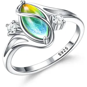 CASSIECA 925 Sterling Silver Rings for Women Mood Ring Color Change Cubic Zirconia Accents Ring 18K Gold Plated Oval Solitaire Statement Silver Rings Jewelry, Daily Wear, Multi-Size SummerVibes