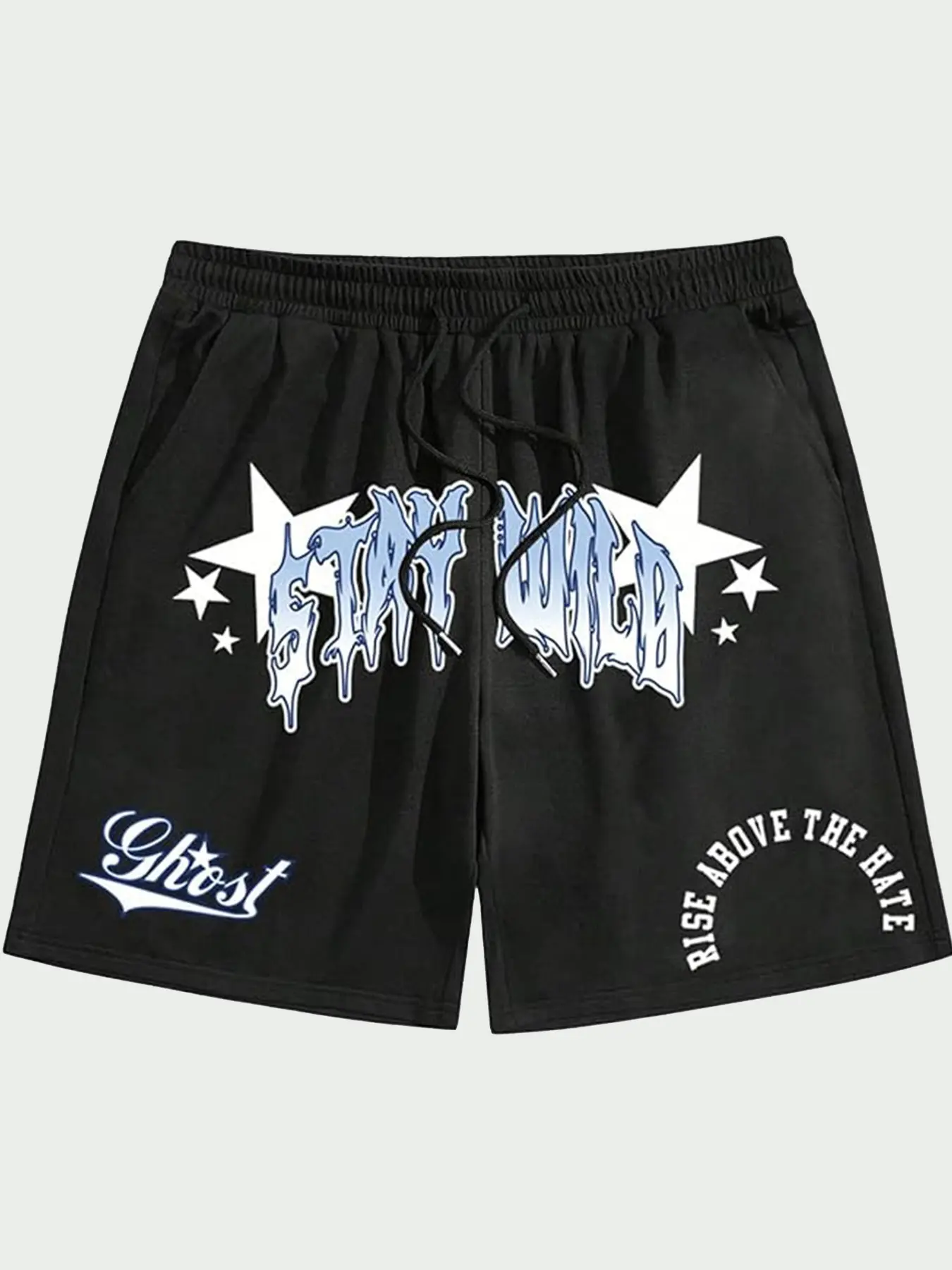 Men's STAY WILD Graffiti Graphic Athleisure Shorts, Streetwear Sports Shorts - Lightweight Breathable Streetwear Casual Sport Shorts with Drip Print & Star Graphics, Elastic Waist with Drawstring for Gym, Beach & Casual Hangouts