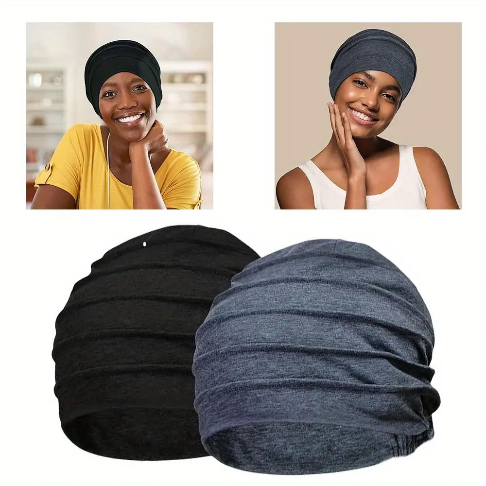 2pcs Soft Cotton Slouchy Beanie Hats for Women & Men - Lightweight Elastic Chemo Cap, Comfortable Sleeping Hat, Black, Machine Washable, Radiation Relax Accessory | Snug Fit Beanie | Soft Cotton Material