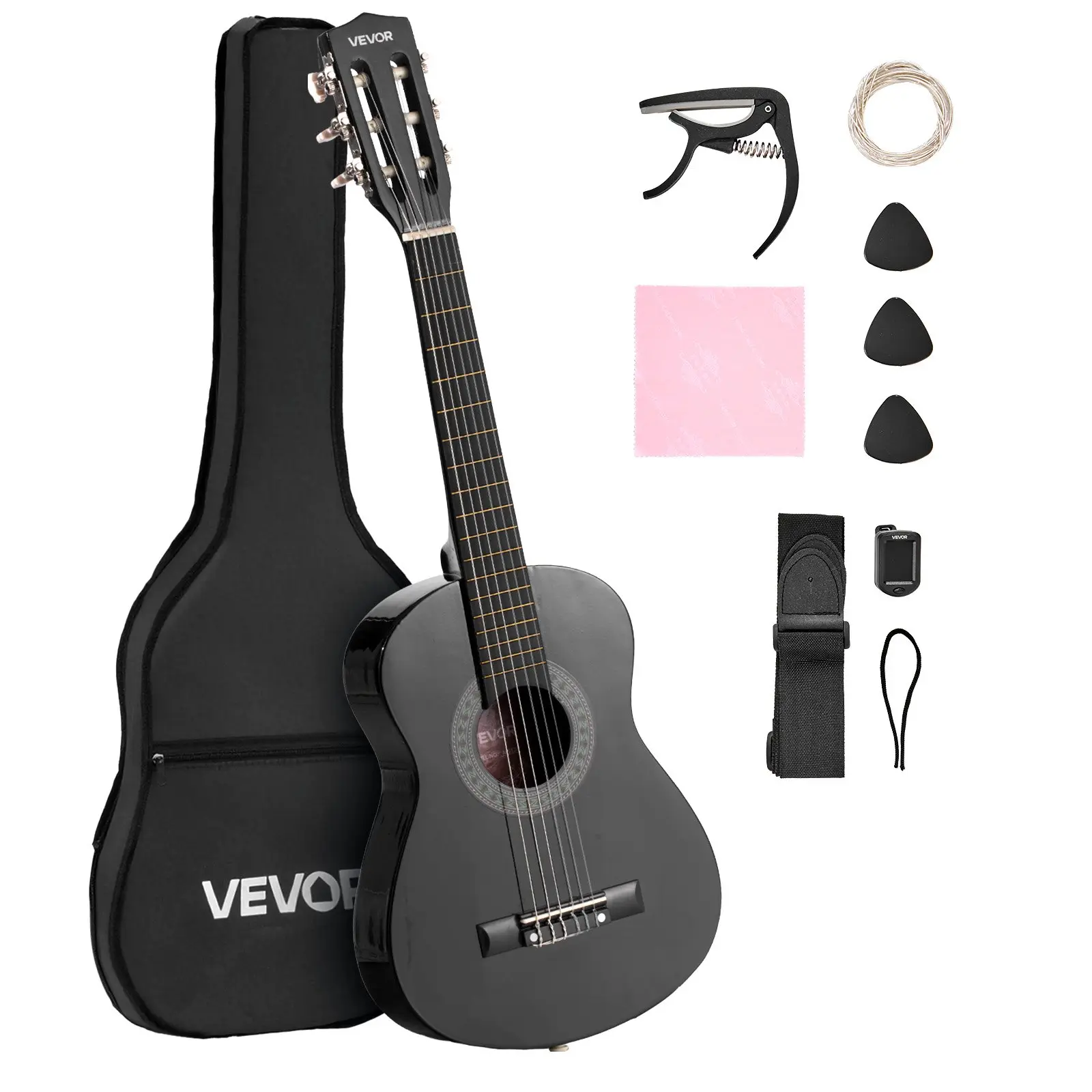 【Summerfinds】VEVOR 30-Inch Wooden Classical Guitar Starter Kit for Girls & Boys - Basswood Body, Nylon Strings, Gig Bag, Shoulder Strap, Tuner, Extra Strings, Picks, Capo, Black (DealsForYouDays)