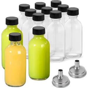 12 Pack 2 oz Small Clear Glass Bottles with  & 2 Funnels - 60ml Boston Round Sample Bottles for Potion, Juice, Ginger Shots, Oils, , Wellness Shots, Mini Travel Bottles