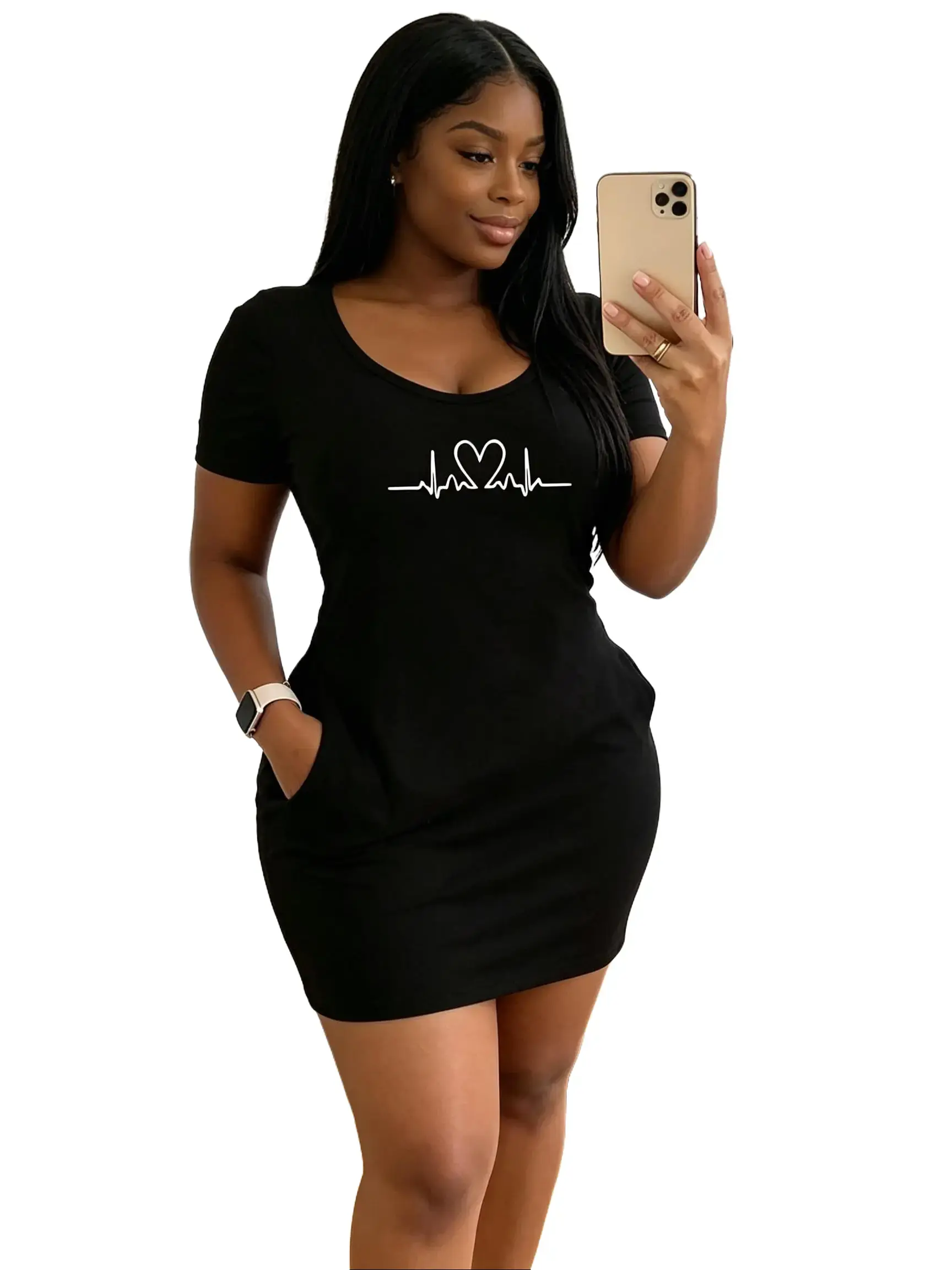 1 piece of women's mini dress, casual street style heart-shaped print U-neck short-sleeved fitted halter dress with side pockets and shaping silhouette, suitable for women's daily coffee outings and casual wear