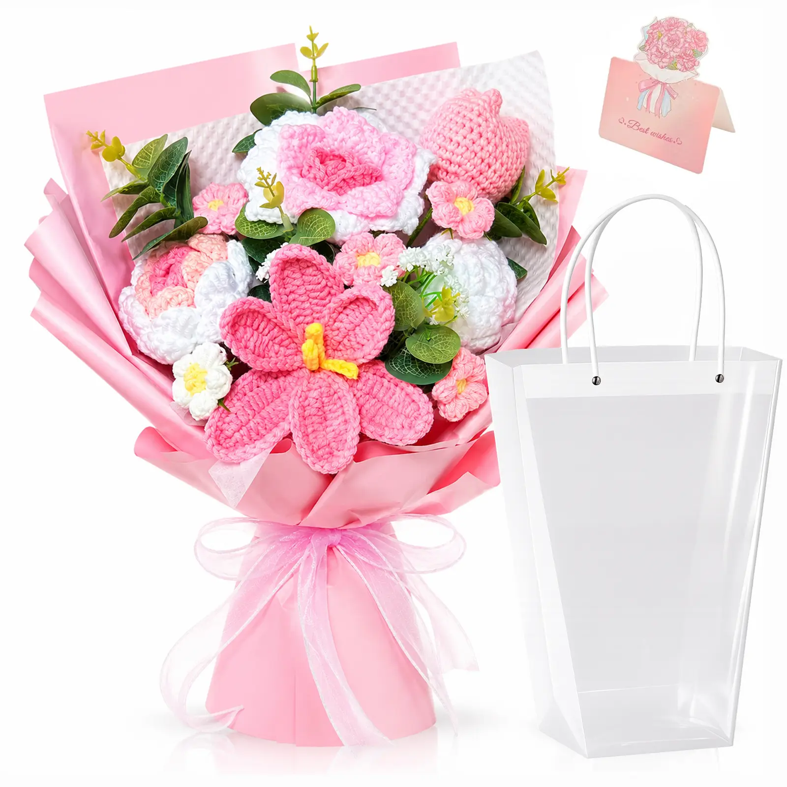 Crochet Flower Bouquet, Pink Handmade Knitted Flowers, Crochet Tulips Galsang Flower for Mother's Day Anniversary Birthday Graduation Lover Valentines Day Gifts (with Tote Bag & Greeting Card)