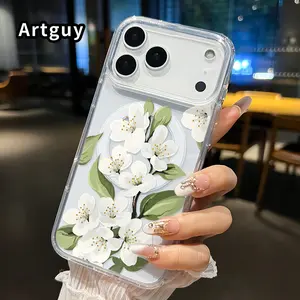 Magnetic Soft Case for iPhone 17 16  Pro Max Plus 15 14 13 12 11 Air E Blossom Elegance White Pattern Anti-Yellowing Shockproof ultra-thin Silicone Crystal Transparent Acrylic Large Hole Cover Supports Wireless Charging